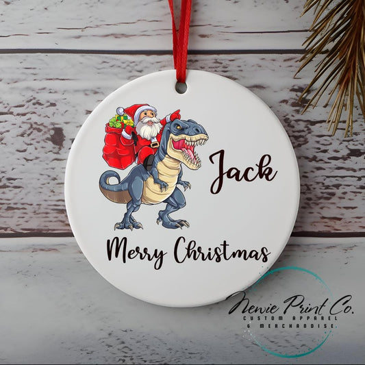 Personalised Ceramic Ornament Santa Riding Blue Dinosaur - Christmas Keepsake