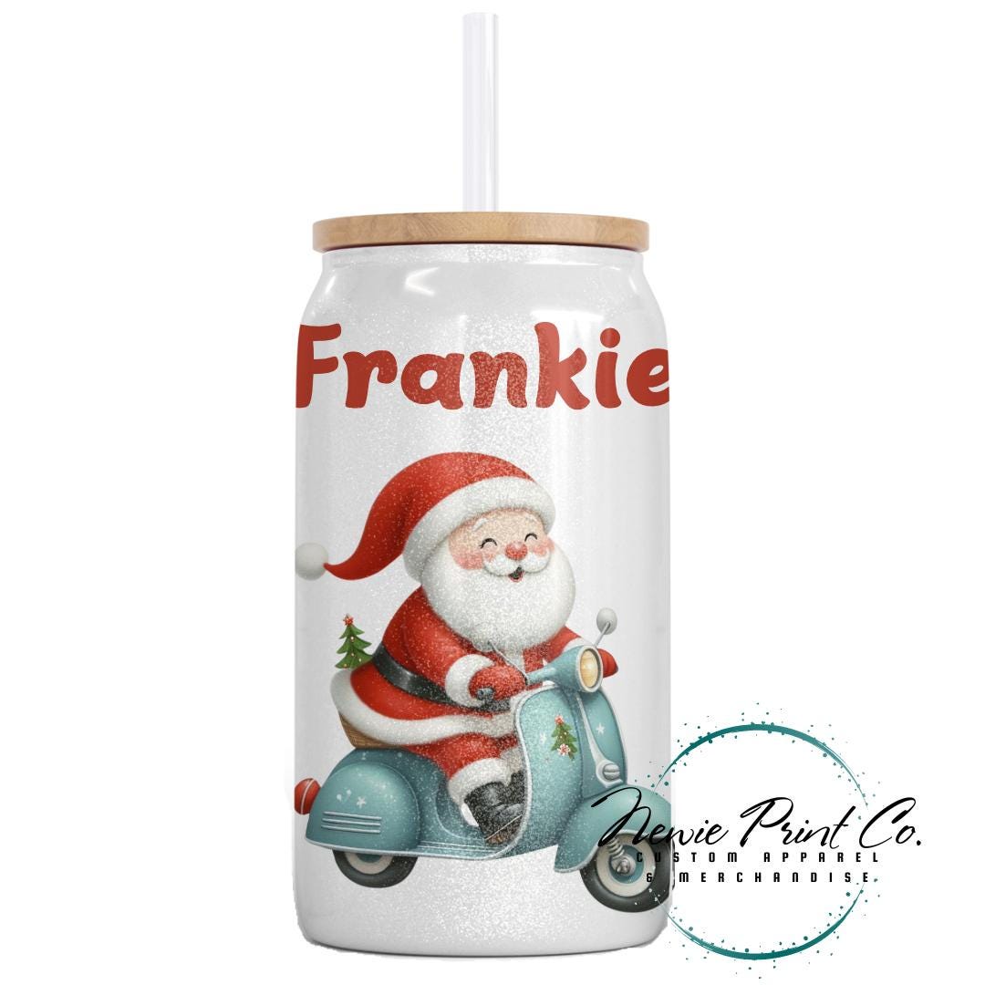 Santa riding Blue Scooter Christmas Shimmer Cup