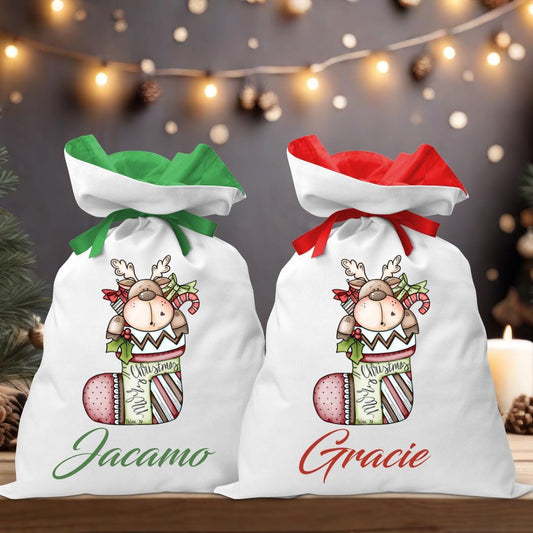 Reindeer in a Stocking Santa Sack - Personalised