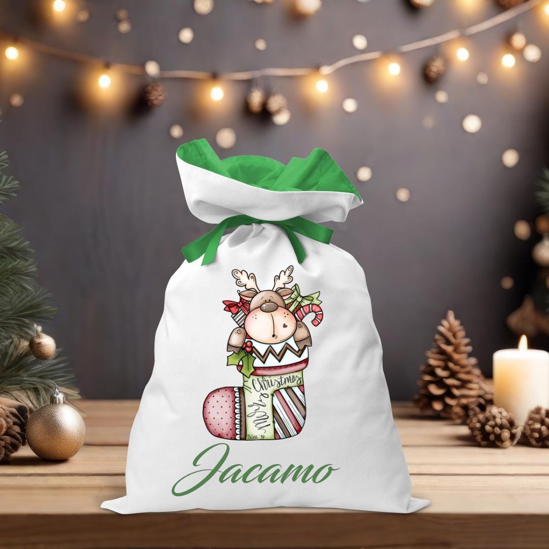 Reindeer in a Stocking Santa Sack - Personalised