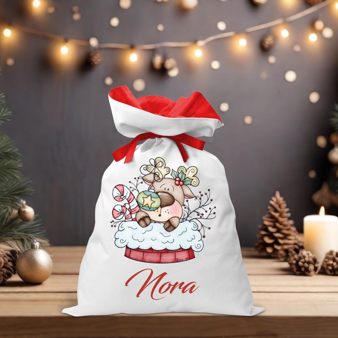 Reindeer in a Chimney Santa Sack - Personalised