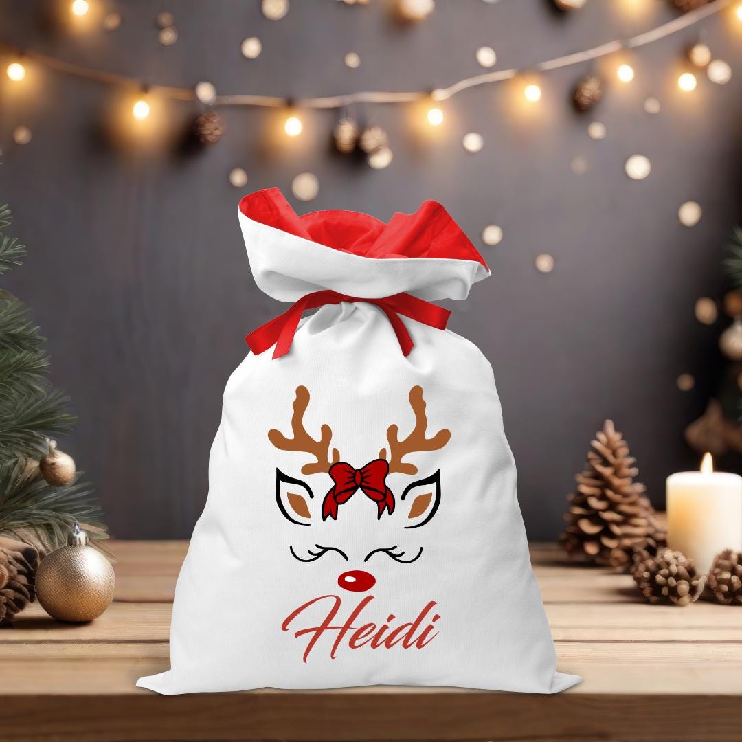 Reindeer with Bow Santa Sack - Personalised