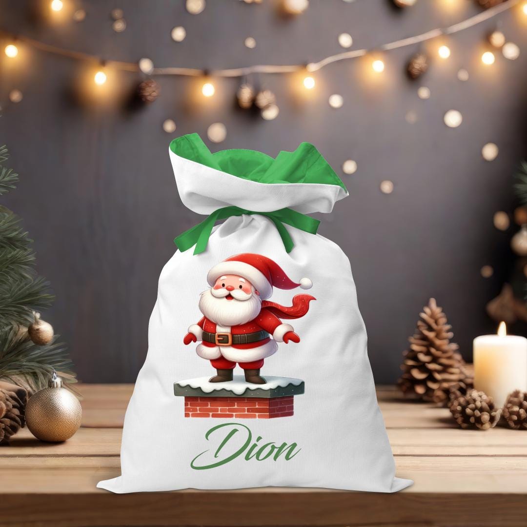 Santa on a Chimney Coloured Santa Sack - Personalised