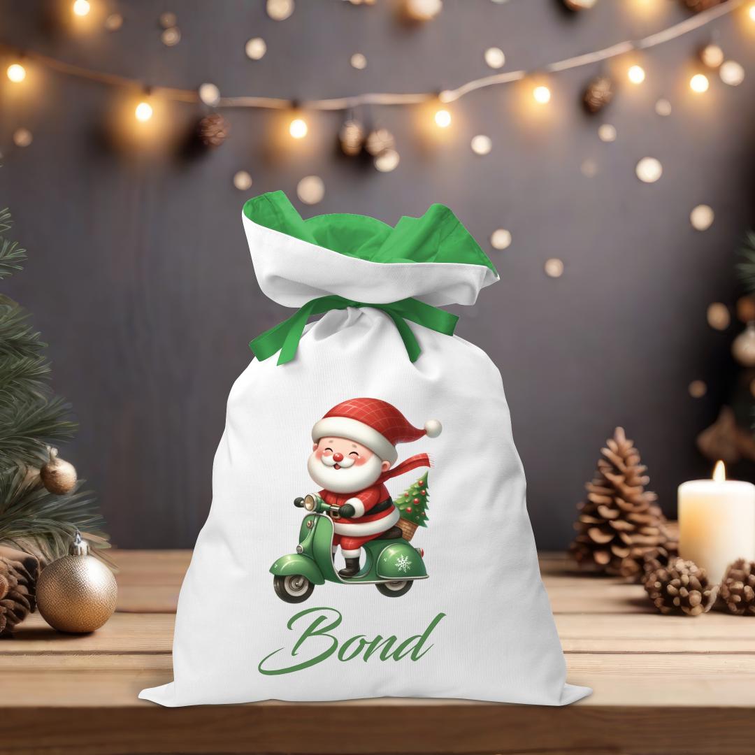 Santa on Green Scooter Santa Sack - Personalised