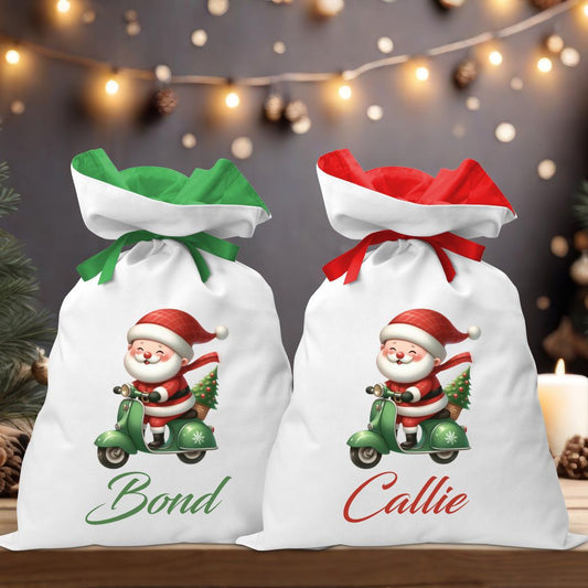 Santa on Green Scooter Santa Sack - Personalised