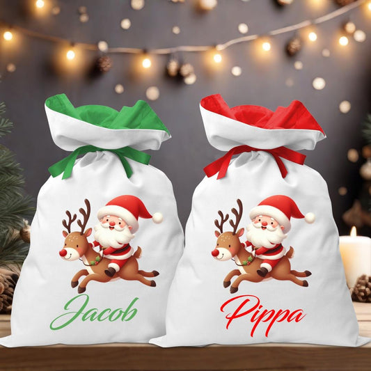 Santa Riding Reindeer Coloured Santa Sack - Personalised