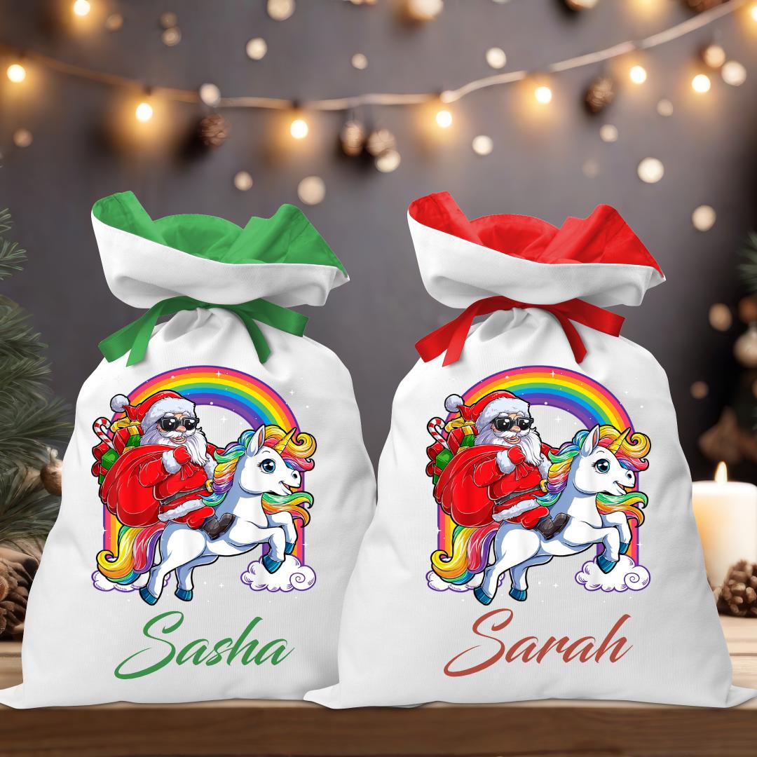 Santa Riding Unicorn Santa Sack - Personalised