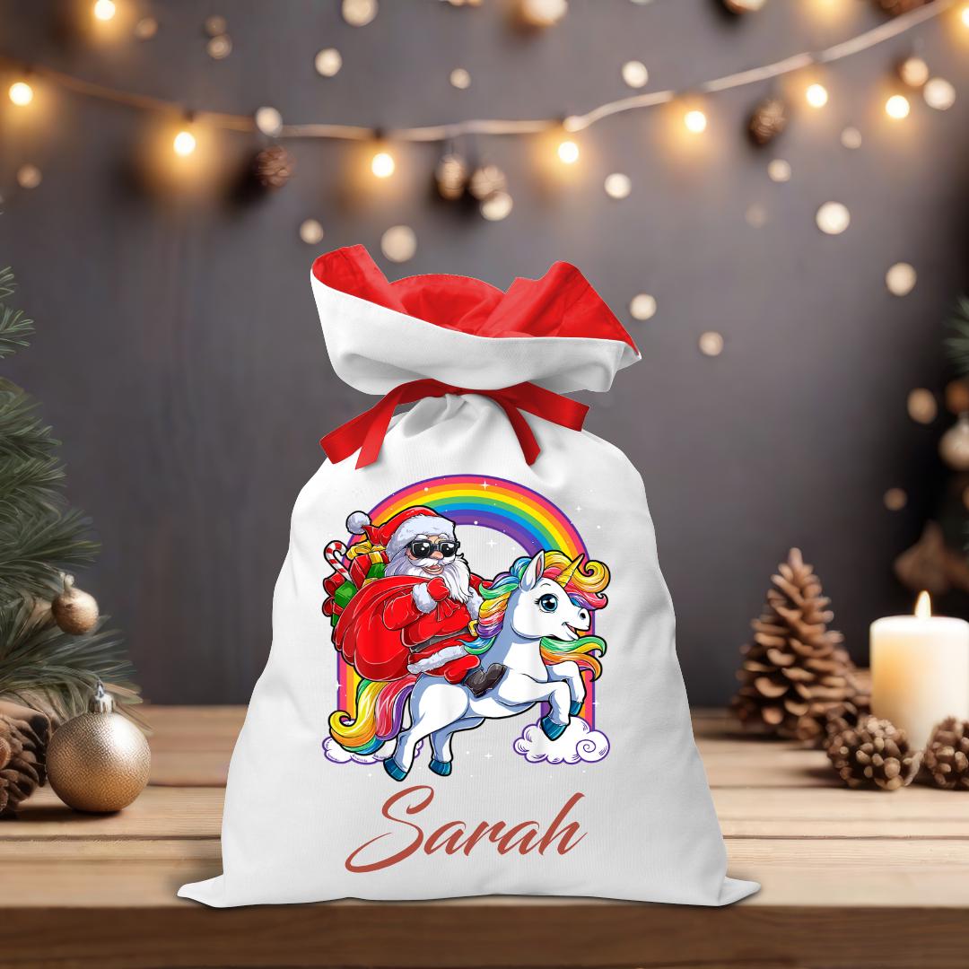 Santa Riding Unicorn Santa Sack - Personalised