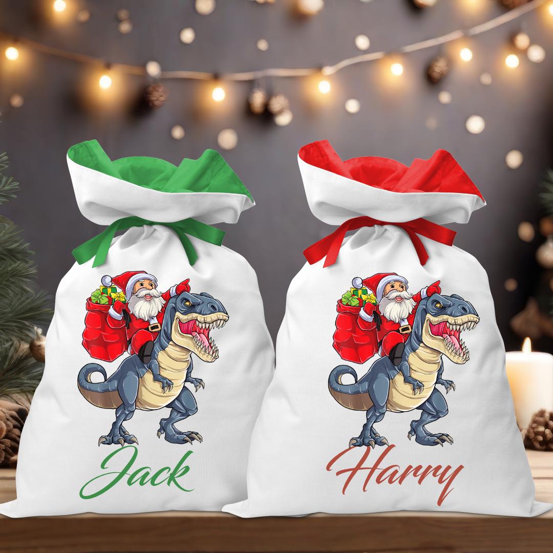 Santa Riding Blue Dino Santa Sack - Personalised