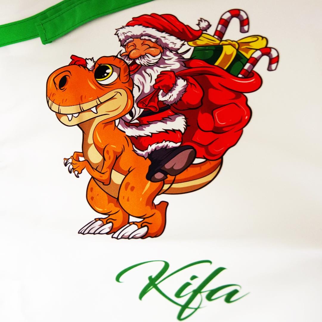 Santa Riding Orange Dino Coloured Santa Sack - Personalised