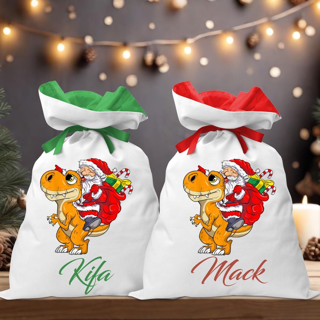 Santa Riding Orange Dino Coloured Santa Sack - Personalised