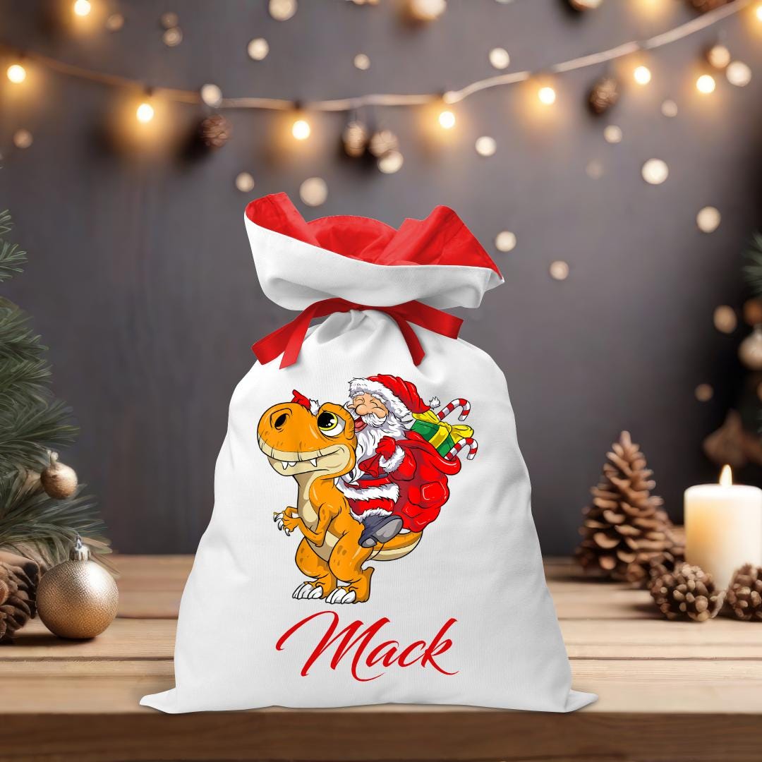 Santa Riding Orange Dino Coloured Santa Sack - Personalised