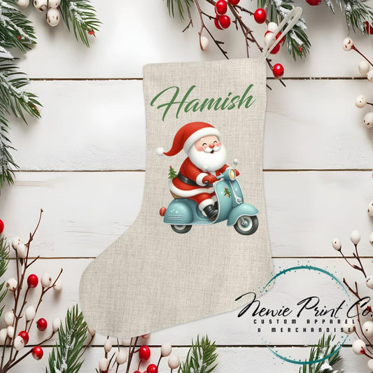 Santa Riding a Blue Scooter Stocking - Personalised