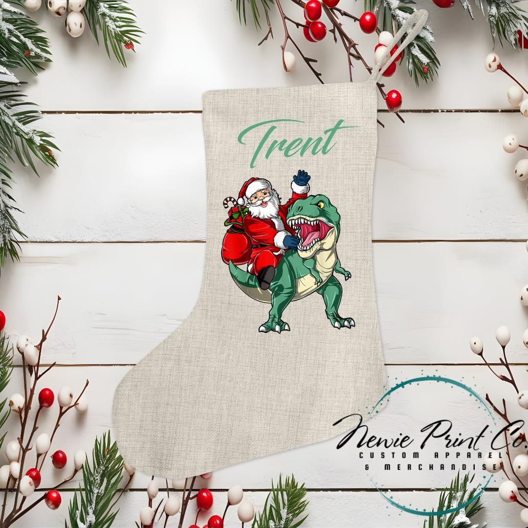 Santa Riding a Green Dino Stocking - Personalised