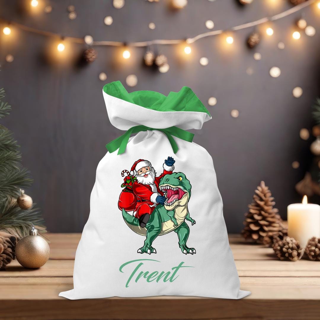 Santa Riding Green Dino Santa Sack - Personalised