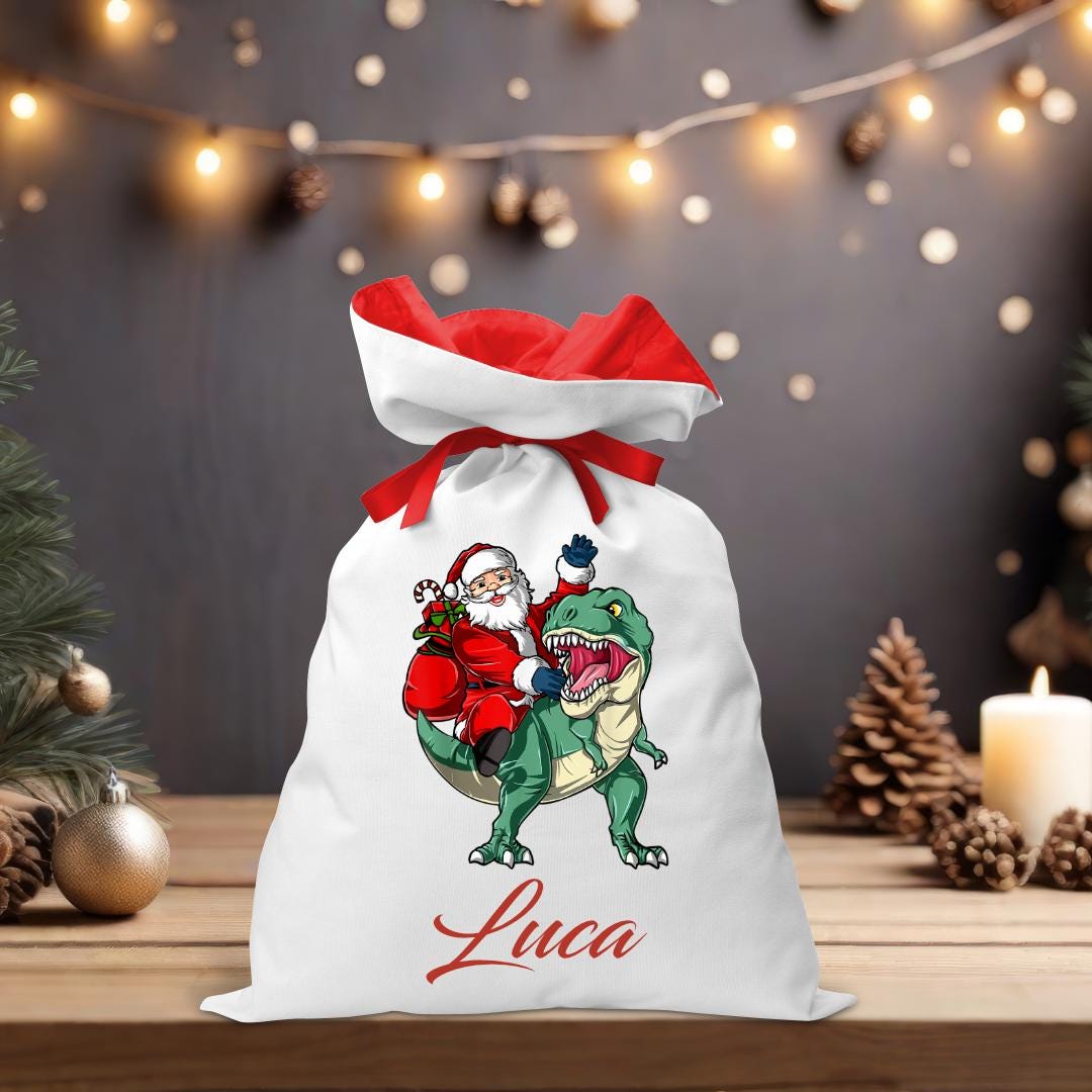 Santa Riding Green Dino Santa Sack - Personalised