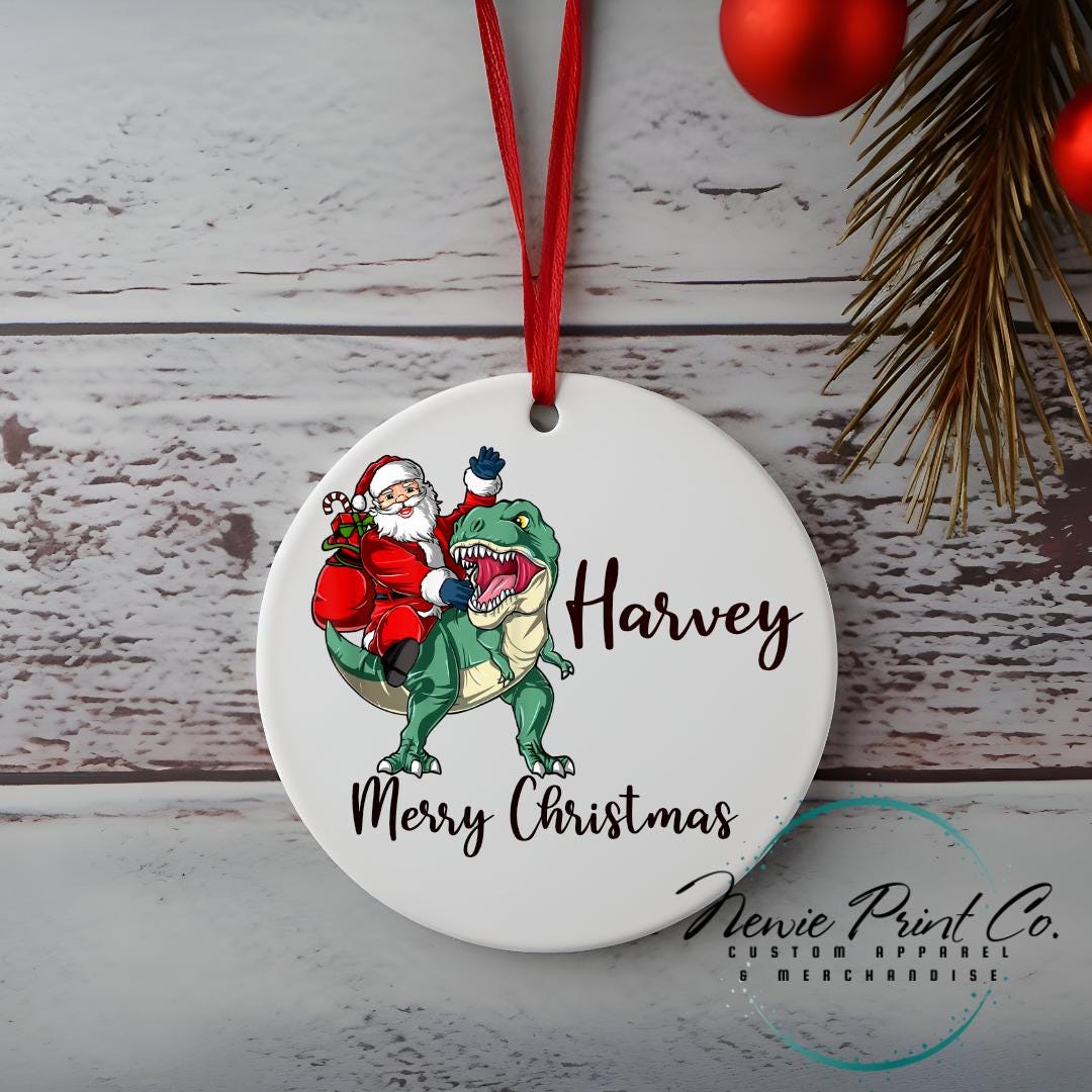 Personalised Ornament Santa Riding Green Dinosaur - Christmas Keepsake