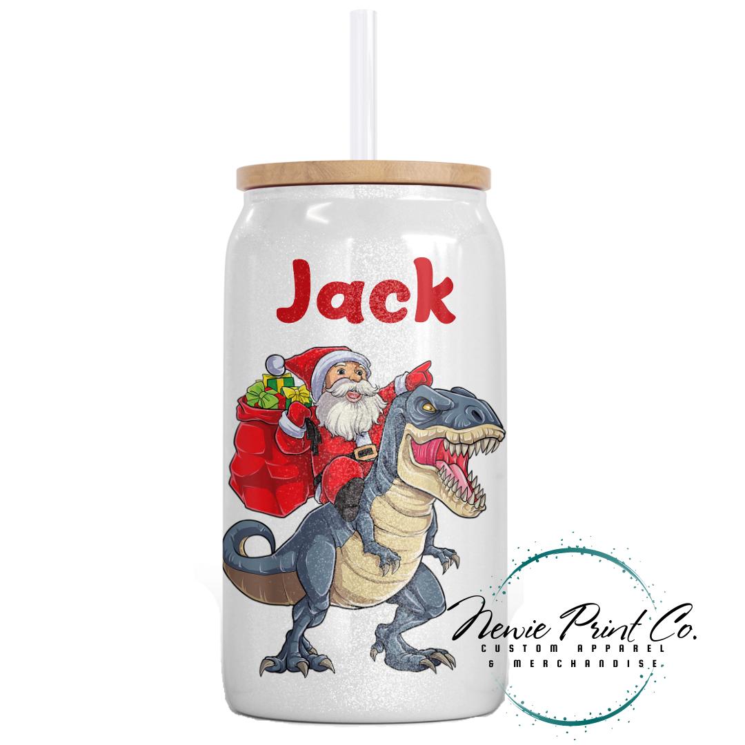 Santa riding Blue Dino Christmas Shimmer Cup