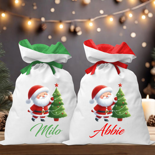 Santa with Tree Coloured Santa Sack - Personalised