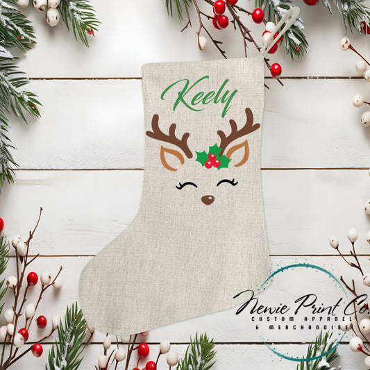 Reindeer with Holly Stocking - Personalised