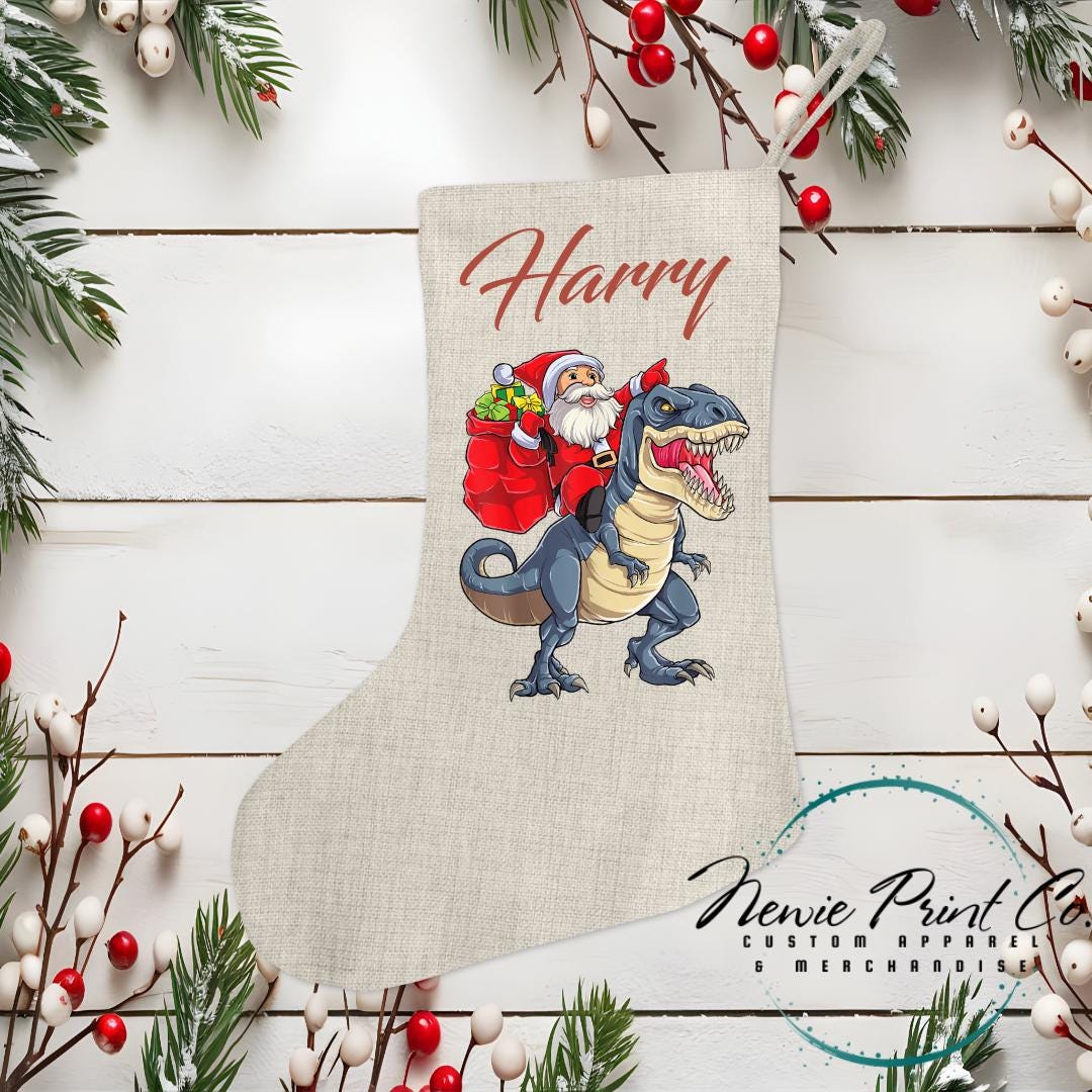 Santa Riding a Blue Dino Stocking - Personalised