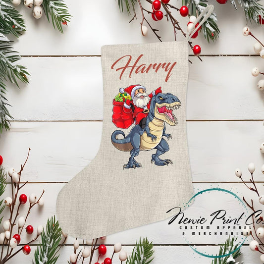 Santa Riding a Blue Dino Stocking - Personalised