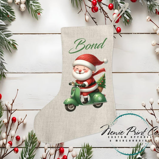 Santa Riding a Green Scooter Stocking - Personalised