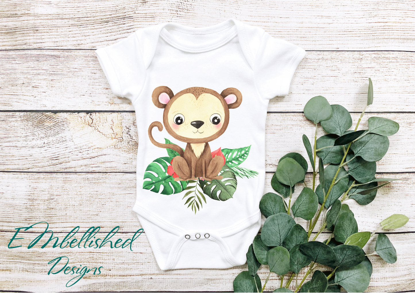 EMbellished Designs Baby Onesie Jungle Theme Monkey with Leaf detailGiraffe