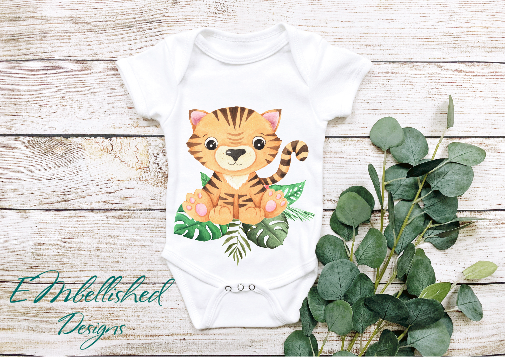 EMbellished Designs Baby Onesie Jungle Theme Tiger with leaf detail