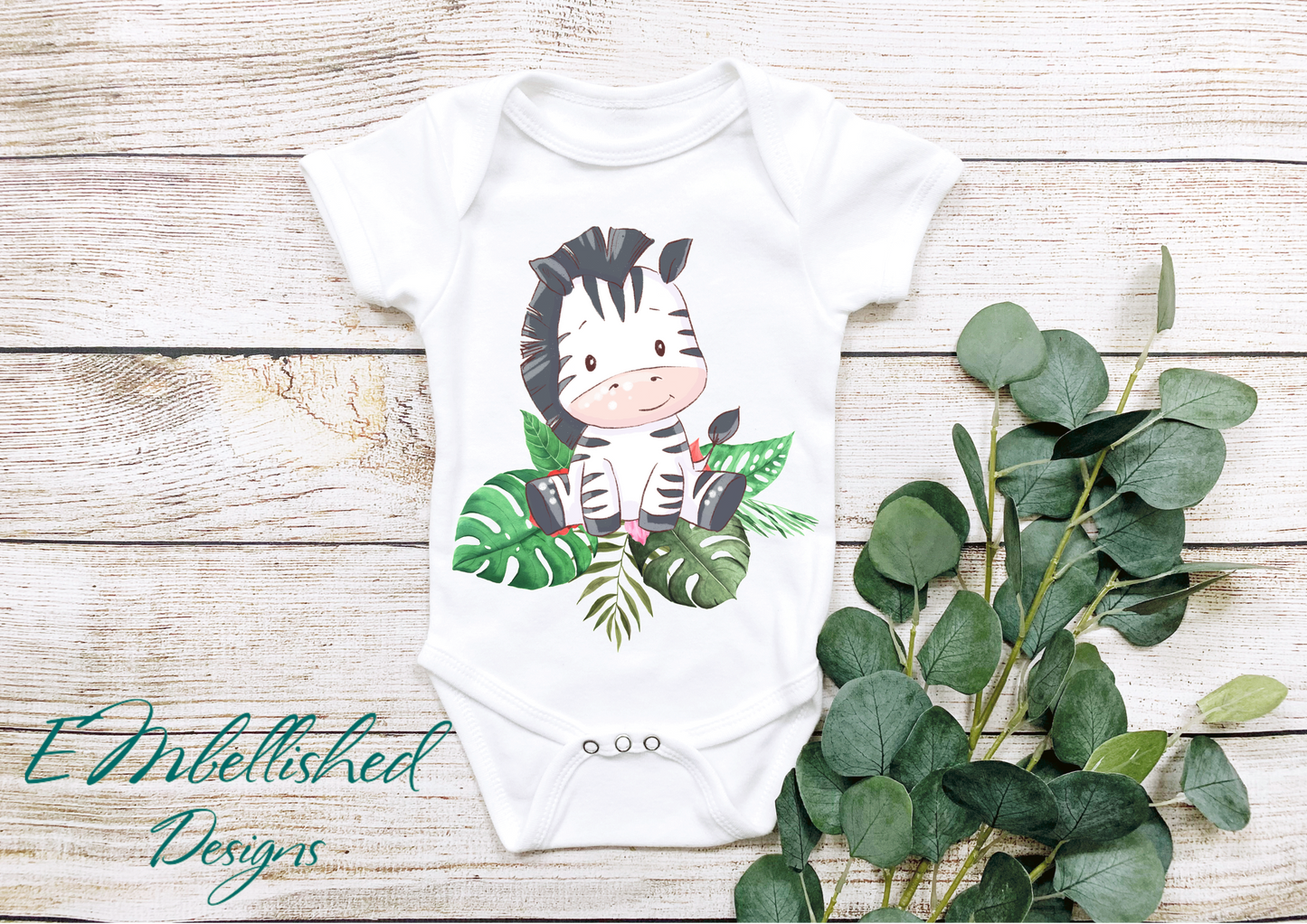 EMbellished Designs Baby Onesie Jungle Theme Zebra with leaf detail